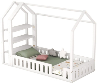 Flieks Kinderbett, Massivholzbett Hausbett mit 3 Stauraum-Regalen und Geländer 90x200 cm