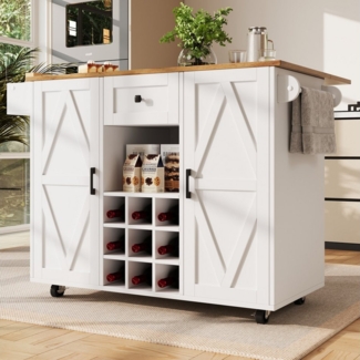 HAUSS SPOLE Küchenwagen Speisewagen mit schublade, Snackregalen und Stretchfunktionsschränken, (Multifunktionale Kücheninsel mit Klappbein-Esstisch, großer Stauraum und flexiblen Ablageflächen – Inklusive Weinregal, Snackregal und beweglichen Rädern)