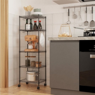 Mondeer Regal Aufbewahrungsregal, 5-Stufiges, mit 8-Haken und 4-Rädern, PP-Trennwand, bis 100 kg