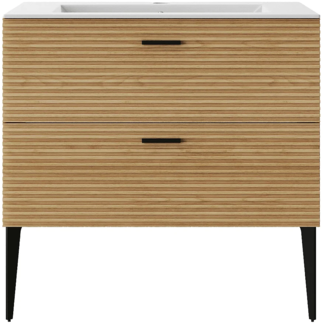 Vente-unique - Badezimmermöbel geriffelt auf Füßen mit Einbauwaschbecken - 2 Schubladen - Natur hell - 80 cm - SARONE