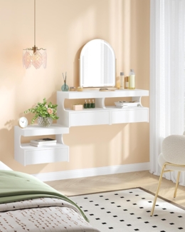 Nachttisch Hängend 2er Set, Wandschublade Wandregal, 1 Schublade mit Schienen, Schwebendes Wandregal mit Offener Raum, Modern, für Schlafzimmer, Wohnzimmer, 30 x 40 x 29.2 cm Weiß