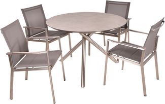 Garten-Sitzgruppe HAKON 5-tlg. - Kunststoff, Grau | Gartenmöbel-Set Gartengarnitur Garten-Essgruppe mit Stapelstühlen B und Esstisch