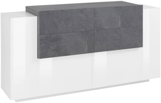 Dmora Kommode Ashi, Küchen-Sideboard mit 2 Türen und 4 Schubladen, Wohnzimmer-Buffet, Küchen-Sideboard, 100 % Made in Italy, 160 x 45 x 86 cm, glänzendes Weiß und Schiefer