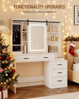 Schminktisch mit Verstellbarer LED-Beleuchtung, Abnehmbarer Großer Spiegel, mit Schmuckaufbewahrung, Offene Regale, 5 Schubladen, mit Beistelltisch, für Schlafzimmer, Weiß