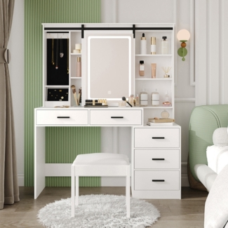 Schminktisch mit Verstellbarer LED-Beleuchtung, Abnehmbarer Großer Spiegel, mit Schmuckaufbewahrung, Offene Regale, 5 Schubladen, mit Beistelltisch, für Schlafzimmer, Weiß