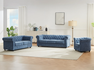 Vente-unique - Sofa 3-Sitzer & 2-Sitzer & Sessel - Stoff - Blau - CHESTERFIELD