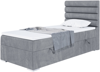 MEBLINI Boxspringbett KARIM 90x200 cm mit Bettkasten - H4/Grau Samt Gepolstert Einzelbett mit Topper & Taschenfederkern-Matratze - 90x200 Rechts