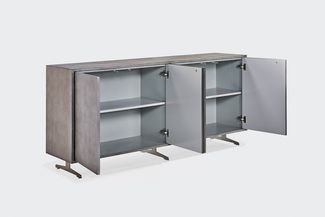 KAWOLA Sideboard GALA 4 Türen Kunstleder grau Fuß Edelstahl gebürstet 85 x 40 x 180 cm