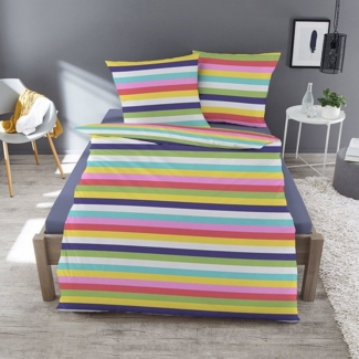 TRAUMSCHLAF Bettwäsche Rainbow, Biber, 3 teilig, buntes Streifendesign für den Winter