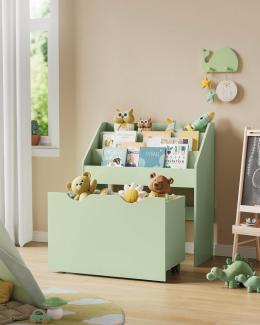 Songmics Bücherregal für Kinder, mit 3 Regalebenen und Aufbewahrungsbox auf Rollen, MDF Lorbeergrün, 29,5 x 62,5 x 70 cm