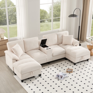 Merax Geräumiges 4-Sitzer-Sofa in U-Form mit Stauraum, übergroßem Cordstoff und Kissen, Getränkehaltern aus Edelstahl und zwei USB-Anschlüssen, beige