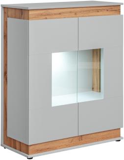 Niedrige Vitrine Berlin mit LED Beleuchtung in Perla Gray und Artrisan 90 x 111 cm