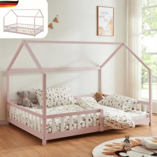 DELUKE® Kinderbett 90x200 OKLA - mit Lattenrost Rausfallschutz Haus-OptikEinzelbett aus Holz Hausbett Kinderzimmer Montessori Bett Rosa
