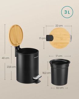 SONGMICS Kosmetikeimer Softclose-Deckel, Stahl, Kosmetikeimer, 3/6 L Mülleimer Bad, Tretmülleime