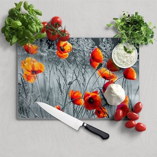 DEQORI Schneidebrett 'Rote Mohnblumen', Glas, Platte Frühstücksbrett Schneideplatte