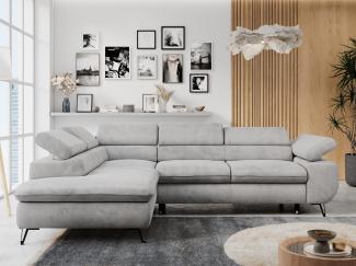 Ecksofa mit Bettfunktion, Modern Sofa, L-form, Einstellbare Kopfstützen, Bettkasten, PETER, 1x Ecksofa, 1x Topper, Hellgrau, Velours, links