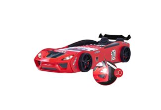 Coemo Autobett DREAM RACER (Spielbett mit Spoiler), Rot Kinderbett 90x200 Sportsitz Rückenpolster, Lattenrost LED-Licht