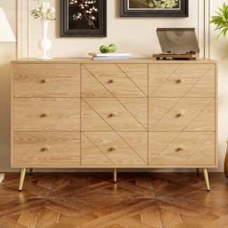 Kommode mit 9 Schubladen 120 x 39 x 80 cm aus Spanplatte in Naturoptik mit Eisenbeinen