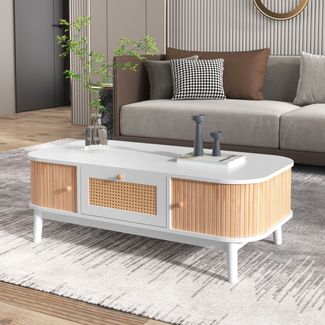 Couchtisch, MDF mit Rattan-Details & Stauraum, 110x55x38,5 cm, Weiß/Holzfarben
