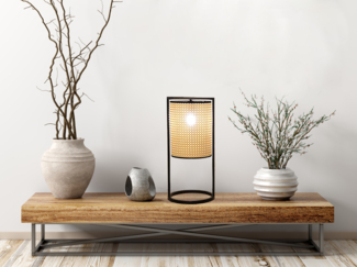 LED Tischlampe Schwarz mit Geflecht in Rattan Optik, Höhe 56cm