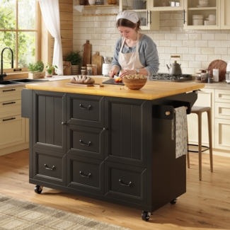 Kücheninsel, Schrank, Sideboard, Ausziehbarer Küchenwagen auf Rollen mit Handtuchhalter und Gewürzregal, verstellbare Einlegeböden, zwei Türen, fünf Schubladen, Weiß/Schwarz, 120 x 73(45) x 93 cm