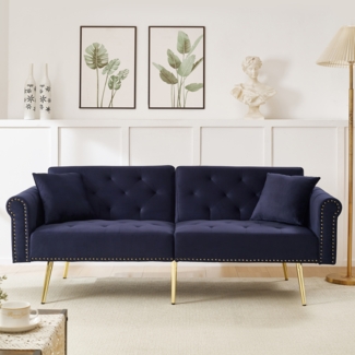 Schlafsofa in Blau mit verstellbarer,vergoldete Metallfüße, 3 Stufen Rückenlehne, 2 flauschige Sofakissen, versteckter Stauraum