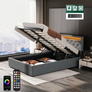 WILGOON Polsterbett Polsterbett 140x200 cm mit LED-Beleuchtung in 16 Farben, Ladefunktion (Leinenmaterial Polsterbett, Leises Design Bett mit Lattenrost), Modernes Jugendbett, Max. Belastbarkeit 350 kg