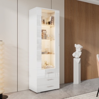 Vitrine, Glasvitrine Hochglanz-Standvitrine mit LED-Beleuchtung und 3 Schubladen, MDF+Glas, Weiß, 60x35x180cm