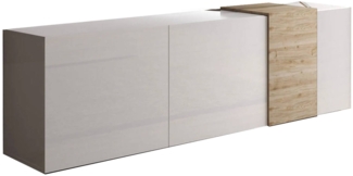 Dmora Fernsehschrank Sidr, TV-Ständer für das Wohnzimmer, Niedriges Sideboard, TV-Ständer, Made in Italy, 181x44 h59 cm, Glänzendes Weiß und Eiche