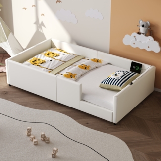 Merax Jugendbett Einzelbett 90X200cm Kinderbett Polsterbett Gepolstertes Plattformbett mit Schutzgeländer und Ladestation, Weiß