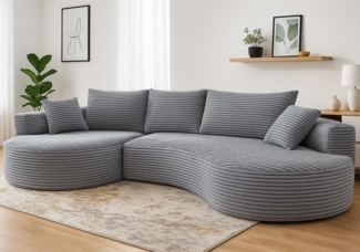 Sofa-Garnitur HWC-P19, 3-Sitzer Couch Loungesofa, Stoff/Textil Cord (370 g/m²) Liegefläche links ~ hellgrau