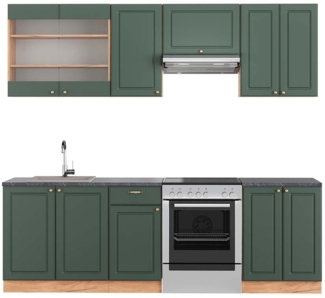 Küchenzeile Fame-Line Grün-Gold Landhaus/Goldkraft Eiche 240 cm , AP Anthrazit Vicco