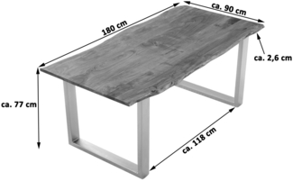 Esszimmer Tisch Industrial Baumtisch massive Akazie Kufengestell nougat 180x90 silber Laurina 526226