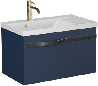 BADEDU FILS Waschbecken mit Unterschrank 69 cm breit, Blau, Waschbecken Gussmarmor Weiß, Griff Schwarz