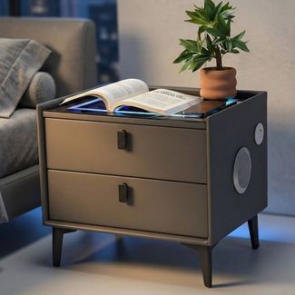 oyajia Nachttisch Nachtschrank mit Bluetooth-Lautsprecher & Kabelloser Ladefunktion (Touch-Bedienung, Elegantes Spiegel-Design), Modern Hochglanz Nachtschrank mit 2 Schubladen