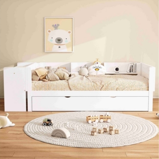BlingBin Kinderbett Polsterbett Einzelbett mit ausziehbarem Bett (1-tlg, mit ausziehbarem bett und Schreibtisch, 3Regale), Weiß, Pine+MDF, 90x200cm
