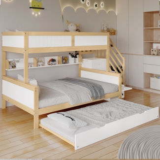 Etagenbett mit Rollbett & Stauraumtreppe 90×200 / 120×200 (Rollbett 90×190 cm),Massivholz+MDF, Weiß/Natur, mit Kleiderschrank