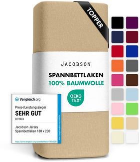 Jacobson Jersey Spannbettlaken Spannbetttuch Baumwolle Bettlaken (Topper 180-200x200 cm, Beige)