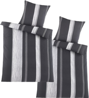 KH-Haushaltshandel Bettwäsche 4-tlg. Seersucker Bettwäsche 2x (135x200 +80x80cm), Seersucker, 4 teilig, schwarz grau, gemustert/Streifen, bügelfrei