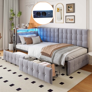 Merax Daybett Polsterbett Schlafsofa 90x200cm mit 2 Schubladen USB/Typ-C-Anschluss, hellgrau
