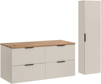ADEL CASHMERE Badmöbel-Set 120 cm mit Waschtischplatte und Hochschrank (46x120cm), Kaschmir matt,Eiche Wotan