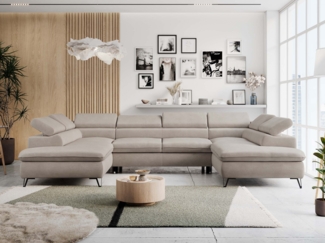 Mks Möbel 'Peter U-Form' Ecksofa mit Bettkasten, Bettfunktion & einstellbaren Kopfstützen, Beige, Mikrofaser, mit Topper