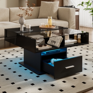 Multifunktionaler Hochglanz-Lift-Couchtisch mit LED-Beleuchtung,78×78×45.5/59.9 cm, Schwarz,modernes Design, viel Stauraum