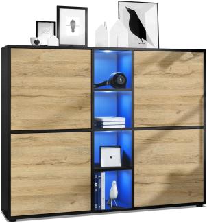 Vladon Highboard Cuba V3, Schwarz matt/Eiche Natur inkl. LED - Moderne Anrichte mit 12 Fächern (130,5 x 105,5 x 35,5 cm)