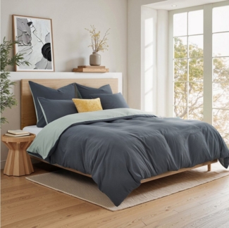 Topfinel Bettwäsche 135x200cm, Seersucker Bettwäsche-Sets, bügelfrei, allergiker, kühlende, 100% Mikrofaser, 2 teilig, 2-tlg. Dunkelgrau/Hellgrau:1 Btz. 155x220+1 Ktz. 80x80, m. Reißvers.