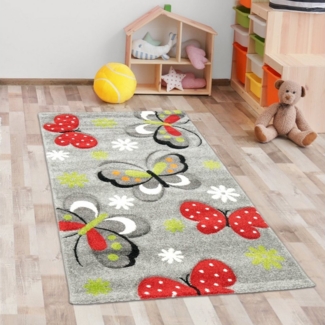 Carpetia Kinderteppich Bunter Kinderzimmerteppich mit Schmetterlingen in grau, rechteckig, Höhe: 13 mm