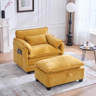 LVHOM Einzelsofa mit Ottomane, Chenille Chaiselongue Sessel mit Seitentasche, Relaxsessel Fernsehsessel Ohrensessel mit Hocker, Gelb