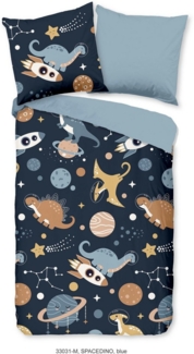 PURE luxury collection Kinderbettwäsche Spacedino, Microfaser, 2 teilig, 135x200, Pflegeleicht, Reißverschluss, Wende, Kind Junge, Dino Weltall