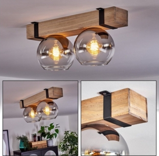 hofstein Deckenleuchte Deckenlampe aus Metall/Holz/Glas in Schwarz/Natur/Chromfarben/Klar, ohne Leuchtmittel, Holzbalken und Glasschrime Ø15cm, 2x E27, ohne Leuchtmittel