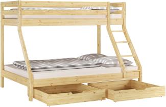 Doppel-Etagenbett 140x200 und 90x200 Erwachsenen-Stockbett Kiefer, Rollrost. Matratzen und Doppelbettkasten inkl.